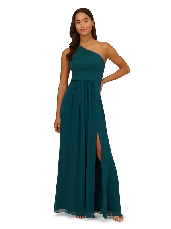 Adrianna Papell Women's One Shoulder Chiffon Gown Special Occasion Dress, Hunter, 8