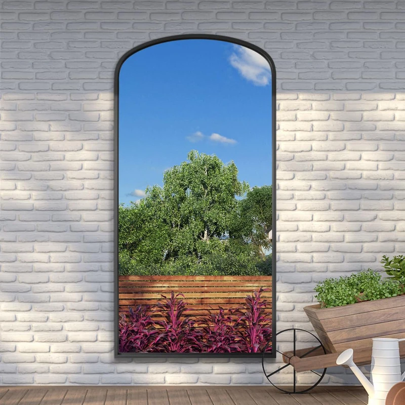 MirrorOutlet The Angustus - Black Metal Framed Modern Shallow Arched Garden Wall and Leaner Mirror 79" X 39" (200CM X 100CM) Black. 2cm Wide Frame and 3cm Deep.…
