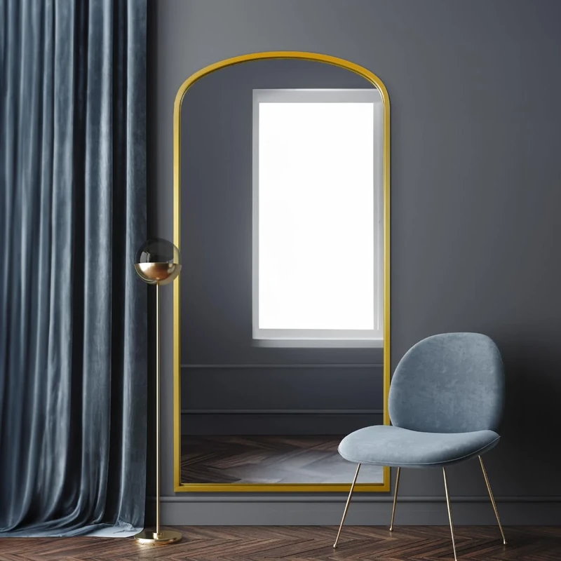 MirrorOutlet The Angustus - Gold Metal Framed Modern Shallow Arched Wall and Leaner Mirror 67" X 33" (170CM X 85CM). 2cm Wide Frame and 3cm Deep.…
