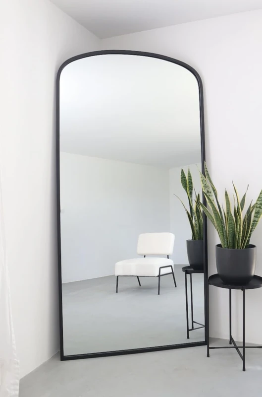 MirrorOutlet The Angustus - Black Metal Framed Modern Shallow Arched Wall and Leaner Mirror 79" X 39" (200CM X 100CM) Black. 2cm Wide Frame and 3cm Deep.…