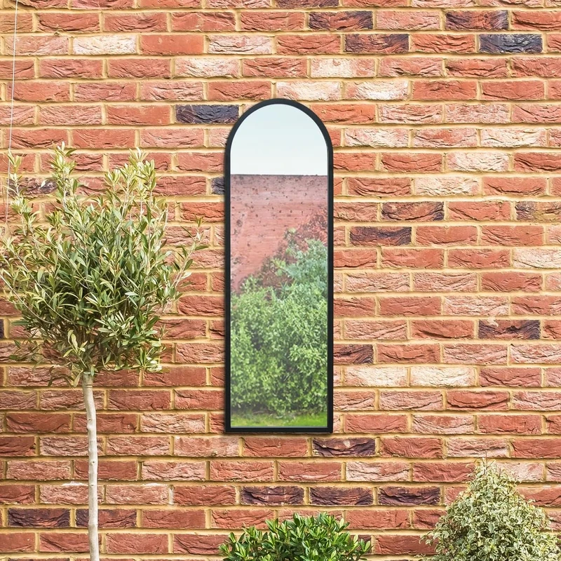 MirrorOutlet The Arcus - Black Metal Framed Modern Arched Garden Wall Leaner Mirror 47" X 16" (120CM X 40CM) Black. 2cm Wide Frame and 3cm Deep