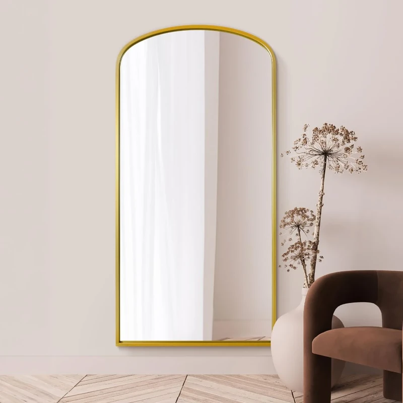 MirrorOutlet The Angustus - Gold Metal Framed Modern Shallow Arched Wall and Leaner Mirror 79" X 39" (200CM X 100CM) Black. 2cm Wide Frame and 3cm Deep.…,200 x 100cm