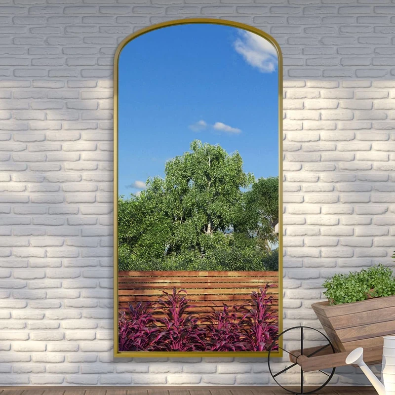 MirrorOutlet The Angustus - Gold Metal Framed Modern Shallow Arched Garden Wall and Leaner Mirror 79" X 39" (200CM X 100CM) Black. 2cm Wide Frame and 3cm Deep.…