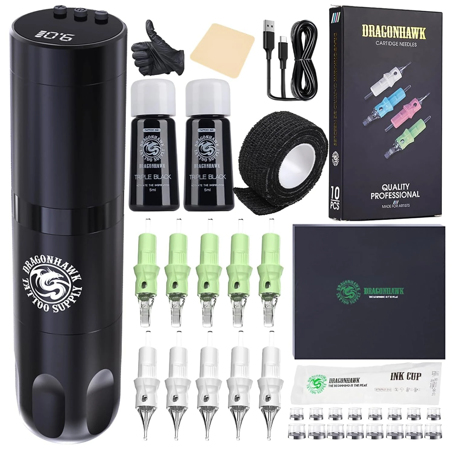 Dragonhawk Tattoo Kit X3 Wireless Tattoo Machine Pen Tattoo Gun with 1500mAh Battery Cartridge Needles Included, Complete Kit for Beginners