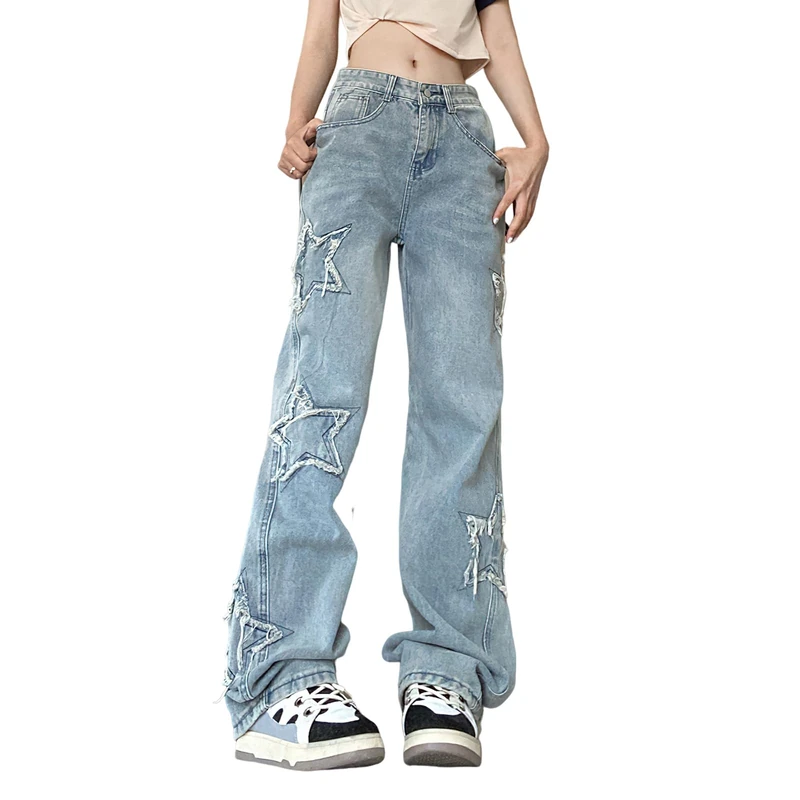 Djeanxa Womens Trendy High Waist Wide Leg Y2K Jeans Aesthetic Star Pants Teen Girls Boyfriend Loose Fit Star Embroidery Jeans, Blue, M