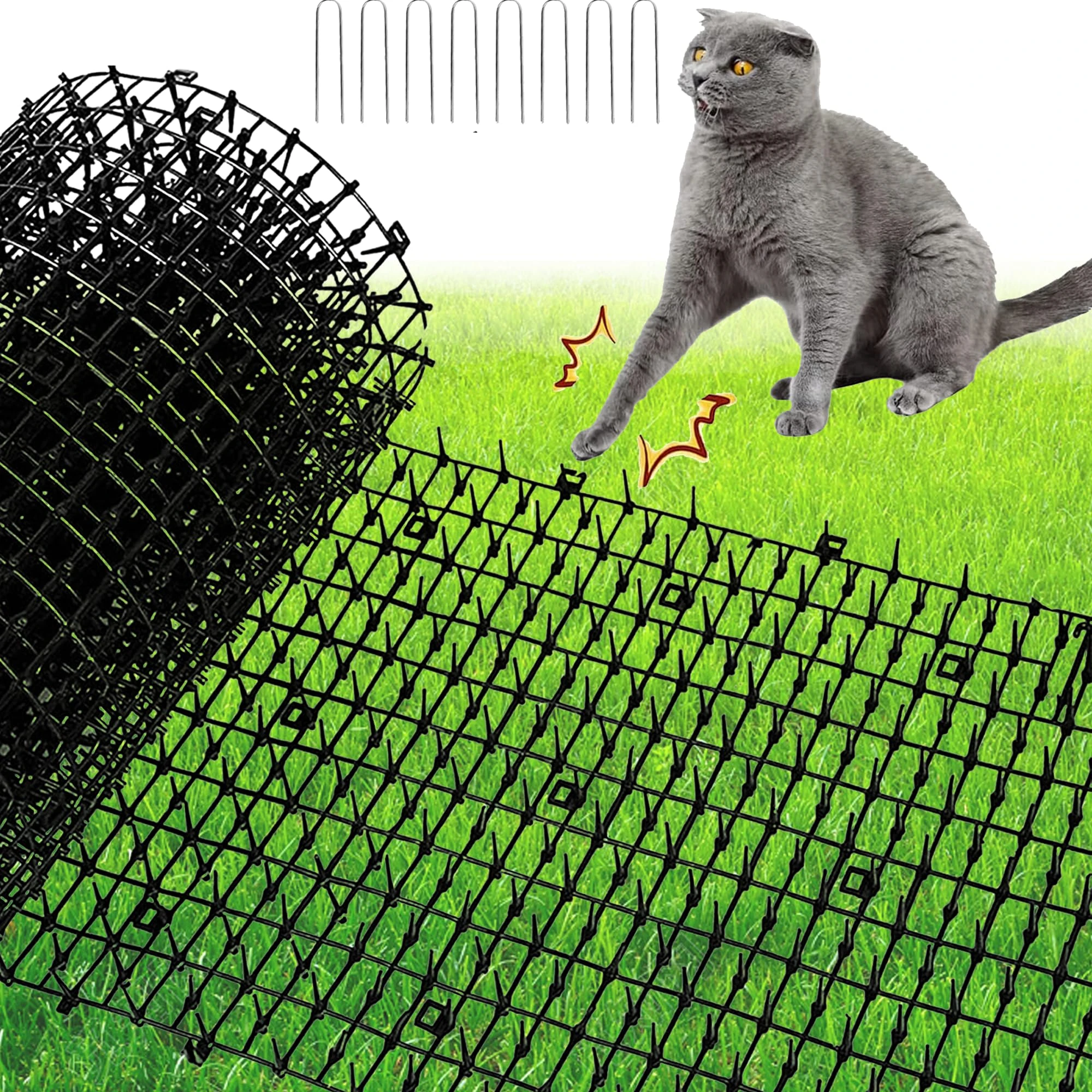 XFLYP Cat Scat Mats, 2mx30cm Prickle Strip Dig Stopper with Deterrent Spikes, Cat Repellent Mat Scat Mats, Anti Cat Dog Deterrent Fox for Garden Fence Can be Cut and Spliced & 8 U-shaped Pegs