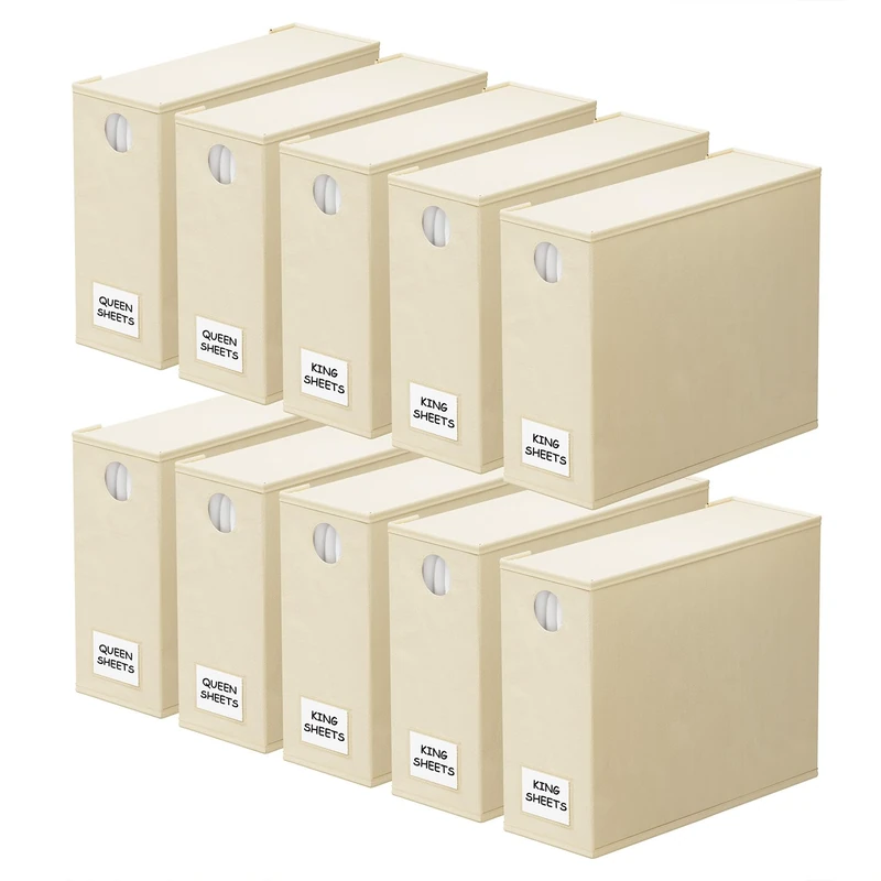 SpaceAid 10 Pack Bed Sheet Organizers and Storage, Foldable Sheet Organizer for Linen Closet, Sheets Set Folder Keeper with Window XL (Queen & King Size) Organizing Bedding Container, Beige
