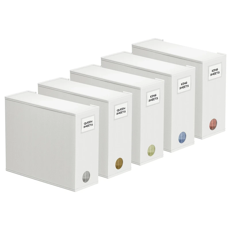 SpaceAid 5 Pack Bed Sheet Organizers and Storage, Foldable Sheet Organizer for Linen Closet, Sheets Set Folder Keeper with Window XL (Queen & King Size) Organizing Bedding Container, White