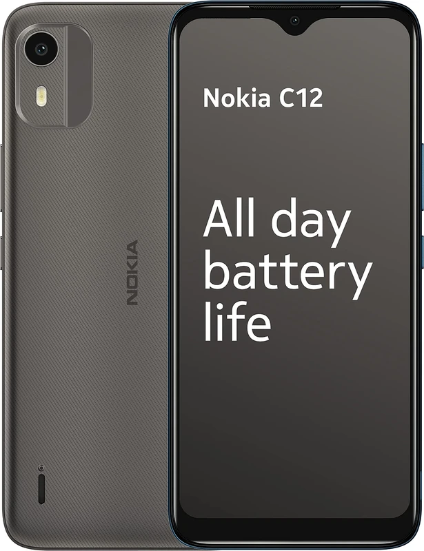 Nokia C12 6.3” HD+ Dual SIM Smartphone, Android 12 (Go edition), Octa-core 2GB RAM/64GB ROM, 8MP Rear /5MP Front Cameras, Night & Portrait modes, IP52 Rating, 3000mAh Battery - Charcoal (Renewed)