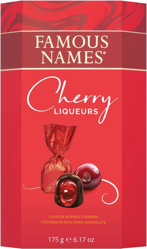 Famous Names Cherry Liqueurs – 175g Premium Dark Chocolate Cherries Soaked in Liqueur – Gift Box for Christmas, Thank You, Sharing