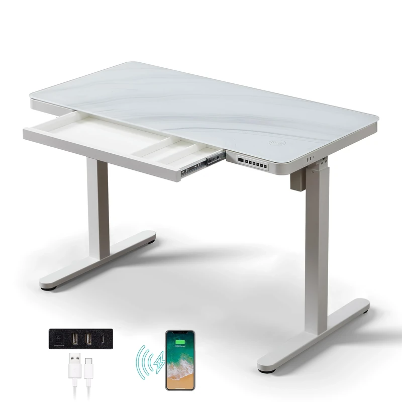 kowo Adjustable Standing Desk - Marble Glass, USB-C Charger, 120x60cm - Image 1