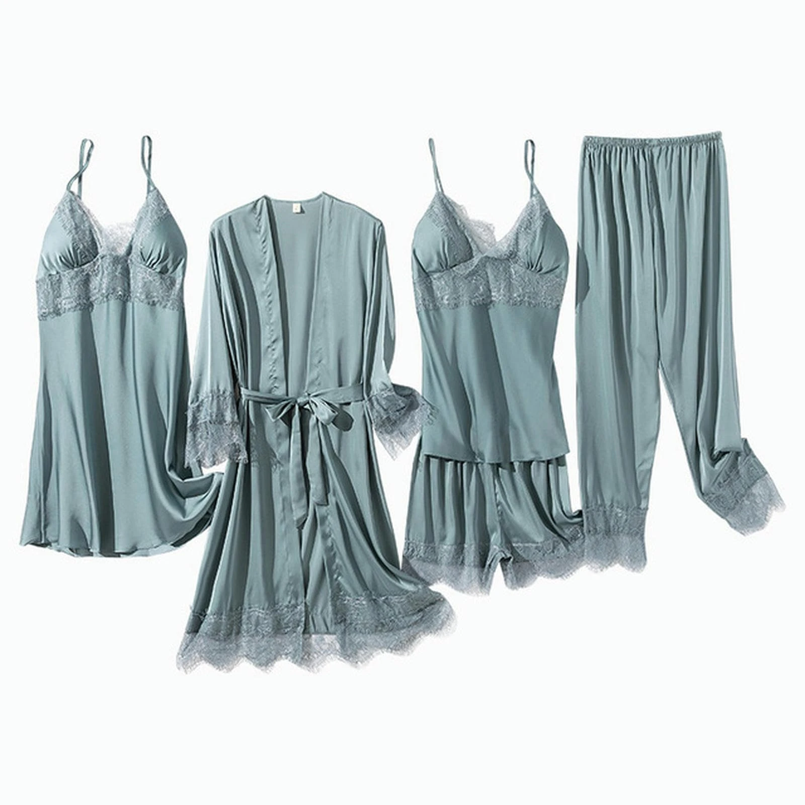 NOGRAX Pajamas Lace Pajamas Suit Bath Robe Gown Women Pajamas Sleepwear Satin Nightwear Loose Homewear-Gray Green Set A-L