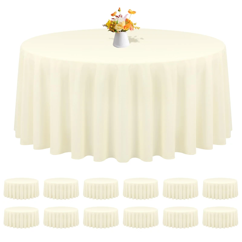 REWOMC 12 Pack Round Tablecloths - 90 Inch, Beige Polyester Table Cover for Round Table, Stain and Wrinkle Resistant Washable Fabric Tablecloth, Polyester Tablecloth for Wedding Banquet Parties