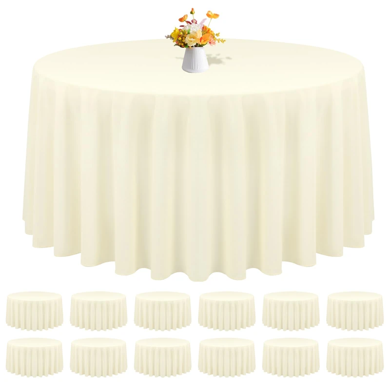 REWOMC 12 Pack Round Tablecloths - 120 Inch, Beige Polyester Table Cover for Round Table, Stain and Wrinkle Resistant Washable Fabric, Wedding Banquet Parties