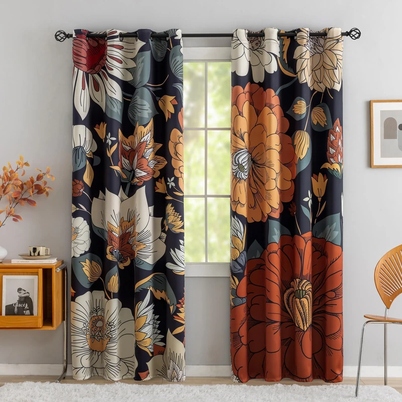 Tyrot Black Boho Floral 100% Blackout Curtains for Bedroom 84 inch Long 2 Panels Mid Century Botanical Black Out Curtains for Living Room Grommet Thermal Insulated Room Darkening Window Drapes,52Wx84L