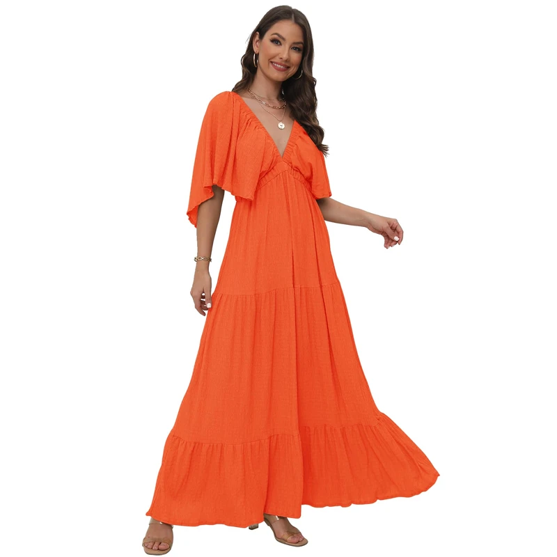 SUNNOW Women's Summer V-Neck, Tiered Silhouette with Flutter Sleeves Maxi Dress for Casual, Orange, XS - Image 1