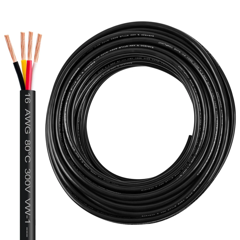 16 Gauge Wire 4 Conductor,16 AWG Electrical Wire Stranded PVC Cord Oxygen-Free Copper Cable,100 FT 4 Core Pure Copper Flexible Cable Wire for LED Lamp Lighting Strips Automotive (100FT, 16AWG-4C)…