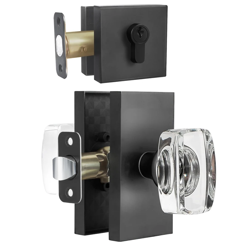 HIEMEY Door Locks with Deadbolt, Entry Door Locksets with Deadbolt and Glass Crystal Door Knob Set, Matte Black Finish