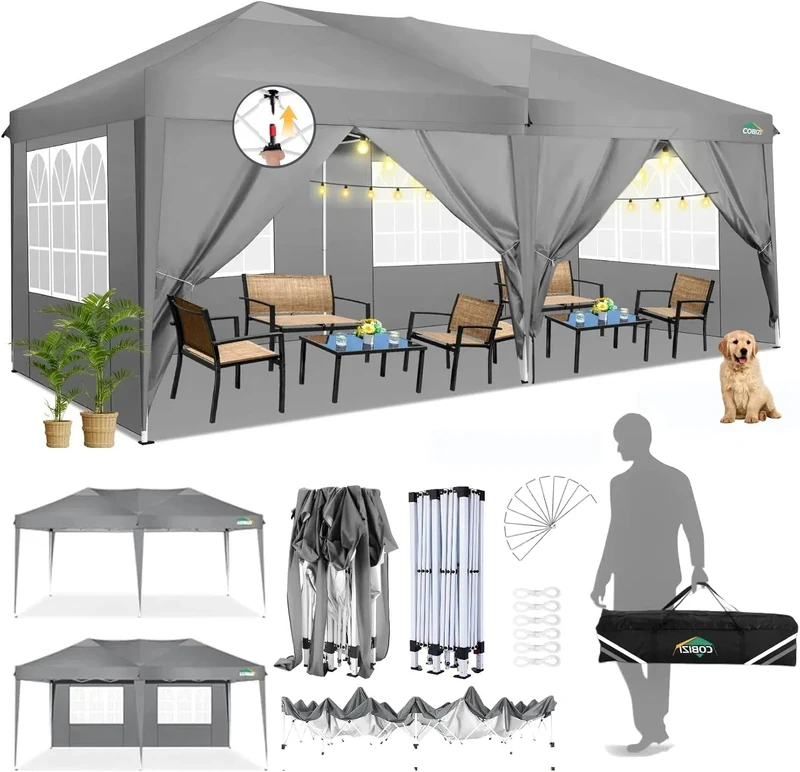 COBIZI Pop Up Gazebo 3x6m with 6 Removable Sidewalls,6 x 3 m Pop-up Commercial Tent Gazebo,Waterproof Silver-costed Oxford Marquee Canopy,UPF50+, Tent for Parties Garden & Outdoor Event