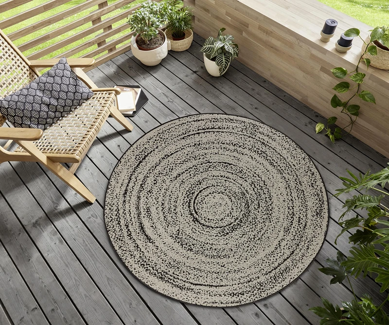 HANSE Home Swirl Indoor and Outdoor Rug Round - Round Outdoor Rug Mottled Weatherproof & Waterproof Flat Weave Outdoor Rug for Living Room, Hallway, Patio, Garden, Balcony - Cream Black - Image 1