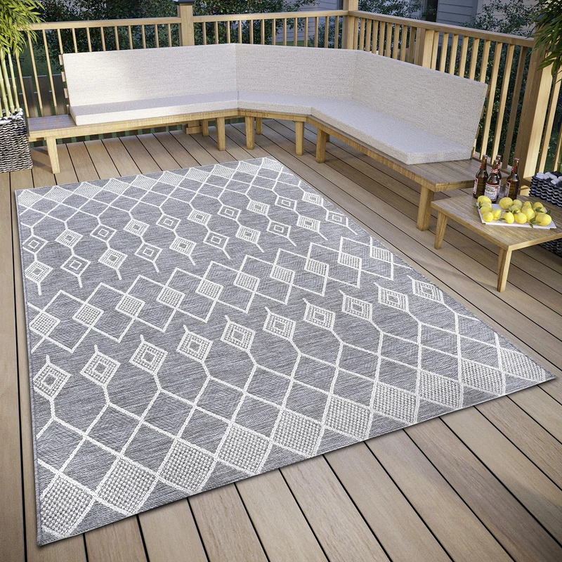 ELLE Decoration Pitu Indoor & Outdoor Rug - Outdoor Rug Macrame Boho Ethnic Pattern Flat Weave Weatherproof Outdoor Rug for Living Room, Hallway, Balcony, Patio, Garden - Grey Cream, 155 x 230 cm