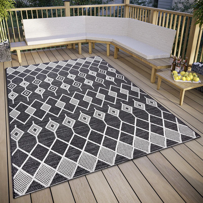 ELLE Decoration Pitu Indoor & Outdoor Rug Macrame Boho Ethnic Pattern Flatweave Weatherproof Outdoor Rug for Living Room Hallway Balcony Patio Garden Black Cream 155 x 230 cm - Image 1