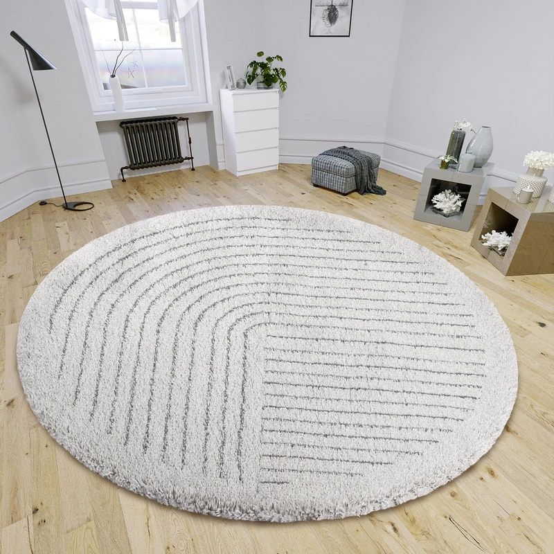 HANSE Home Dion High Pile Round Rug - Round Living Room Rug, Long Pile Shaggy Striped Pattern, Fluffy Soft for Living Room, Bedroom, Teenager's Room - Grey, 160 cm - Image 1