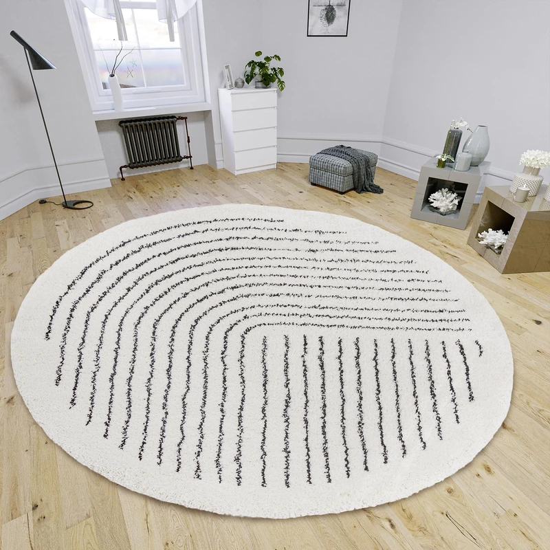 HANSE Home Dion High Pile Round Rug - Round Living Room Rug, Long Pile Shaggy Striped Pattern, Fluffy Soft for Living Room, Bedroom, Teenager's Room - Cream Black, 160 cm - Image 1
