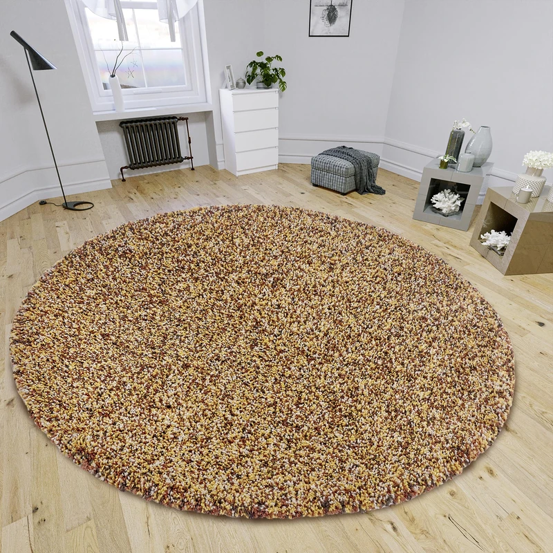 HANSE Home Shaq High Pile Round Rug - Round Living Room Rug, Long Pile Shaggy Modern Pattern, Fluffy Soft for Living Room, Bedroom, Teenager's Room - Cream Ochre Brown, 160 cm - Image 1