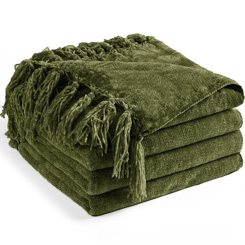 LONG CREATE Chenille Throw Blanket for Couch 60"X 80" Twin, Soft Cozy Throws with Fringe Tassel for Bed Sofa Chair, Lightweight Knitted Decorative Farmhouse Boho Blankets for Gift,Olive Green