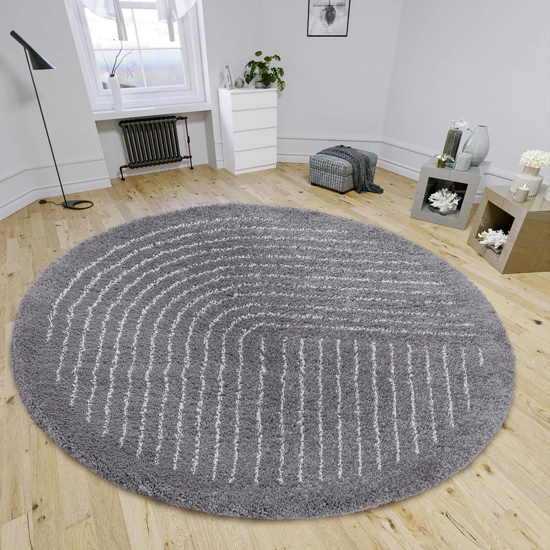 Hanse Home Dion High Pile Round Rug - Round Living Room Rug, Long Pile Shaggy Striped Pattern, Fluffy Soft for Living Room, Bedroom, Teenager's Room - Dark Grey, 120 cm - Image 1