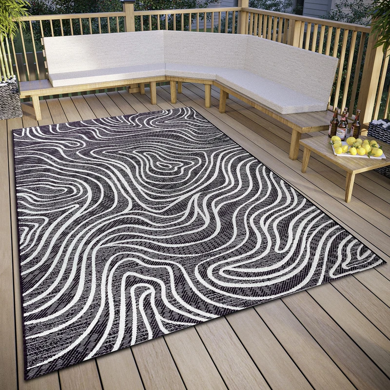 ELLE Decoration Calé Indoor & Outdoor Rug - Design Outdoor Rug Flat Weave Modern Pattern Weatherproof Outdoor Rug for Living Room, Hallway, Balcony, Patio, Garden - Black Cream, 130 x 190 cm