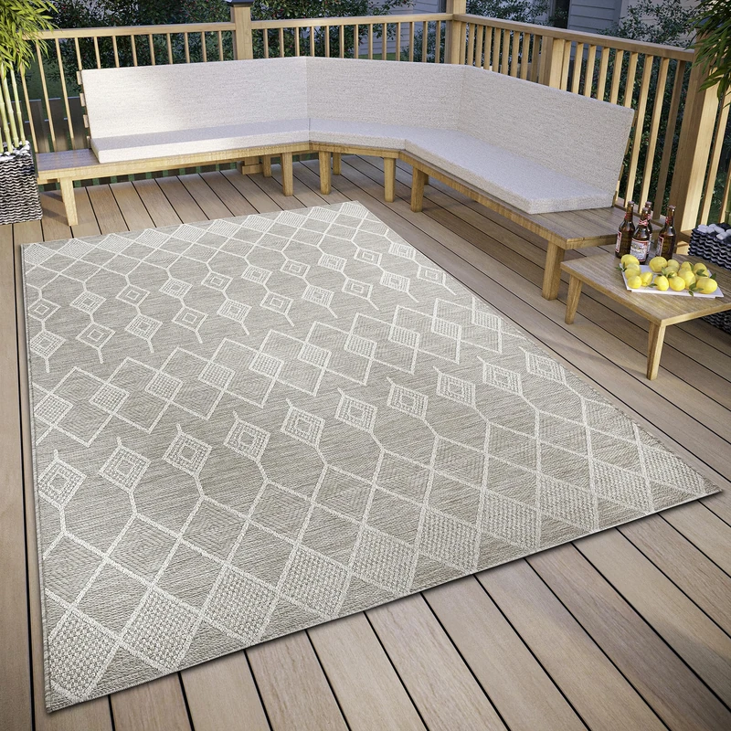 Elle Decoration Pitu Indoor & Outdoor Rug Macrame Boho Ethnic Pattern Flatweave Weatherproof Outdoor Rug for Living Room Hallway Balcony Patio Garden Beige 155 x 230 cm - Image 1