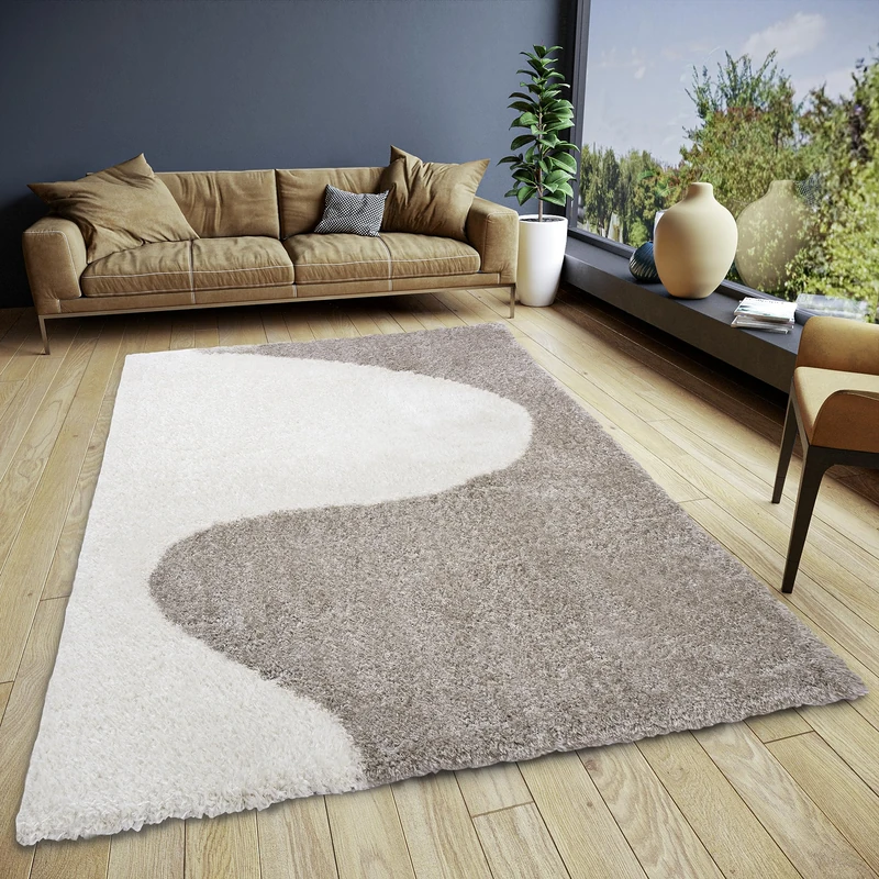Elle Decoration Alice Deep-Pile Rug - Living Room Rug Design Long Pile Shaggy Two-Tone Modern Pattern Fluffy Soft for Living Room, Bedroom, Teenagers' Room - Cream Grey, 80 x 150 cm