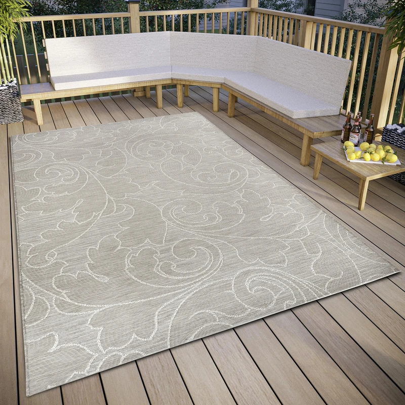 freundin Home Collection Palau Indoor & Outdoor Rug - Floral Flat Weave Leaf Pattern, Weatherproof & UV-Resistant Outdoor Rug for Living Room, Hallway, Balcony, Patio, Garden - Beige, 155 x 230 cm - Image 1