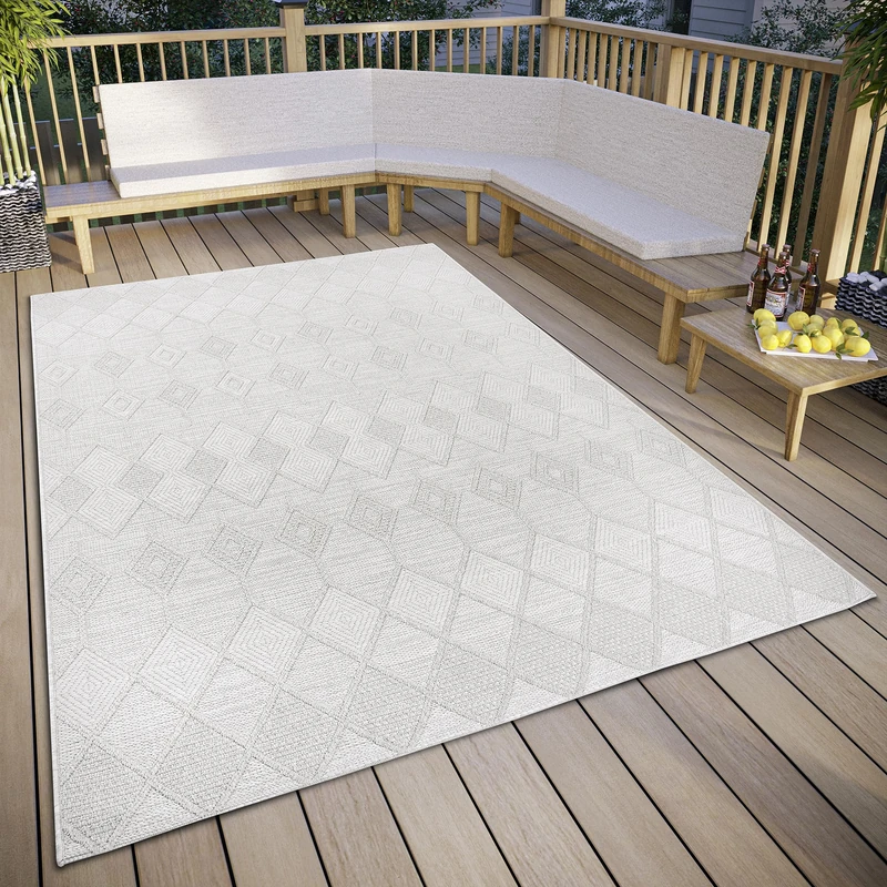 Elle Decoration Pitu Indoor & Outdoor Rug Macrame Boho Ethnic Pattern Flatweave Weatherproof Outdoor Rug for Living Room Hallway Balcony Patio Garden Cream 130 x 190 cm - Image 1