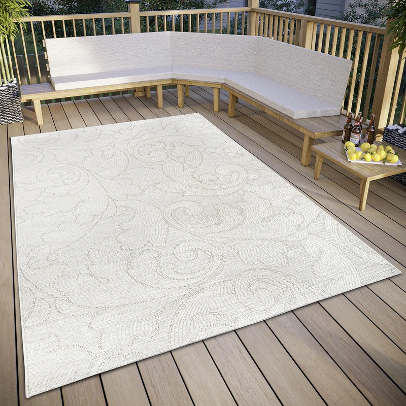 freundin Home Collection Palau Indoor & Outdoor Rug - Floral Flat Weave Leaf Pattern, Weatherproof & UV-Resistant Outdoor Rug for Living Room, Hallway, Balcony, Patio, Garden - Cream, 155 x 230 cm - Image 1