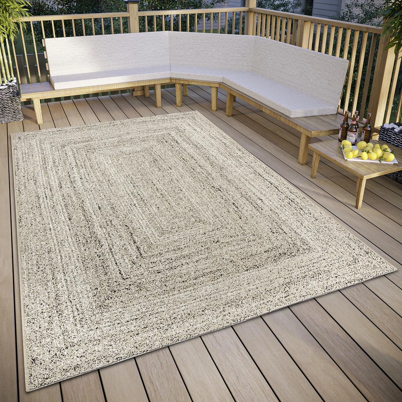 ELLE Decoration Jules Indoor & Outdoor Rug - Design Flat Weave Mottled Outdoor Rug, Weatherproof & UV-Resistant Outdoor Rug for Living Room, Balcony, Patio, Garden - Cream Black, 120 x 170 cm