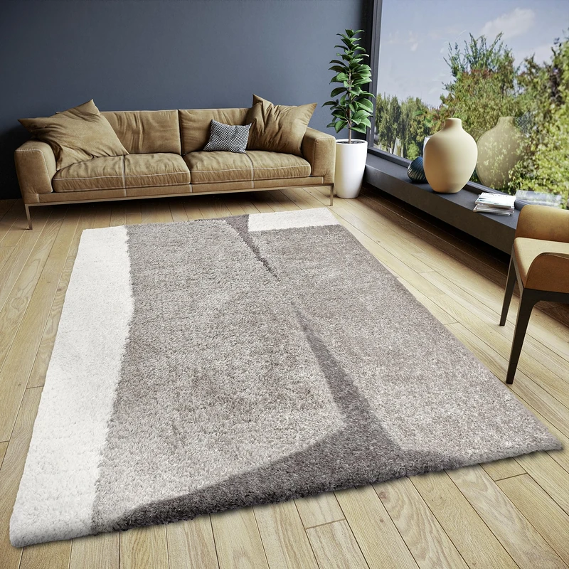 ELLE Decoration Jade High Pile Rug - Living Room Rug Design Long Pile Shaggy Two-Tone Modern Pattern, Fluffy Soft for Living Room, Bedroom, Teenager's Room - Cream Grey, 120 x 170 cm