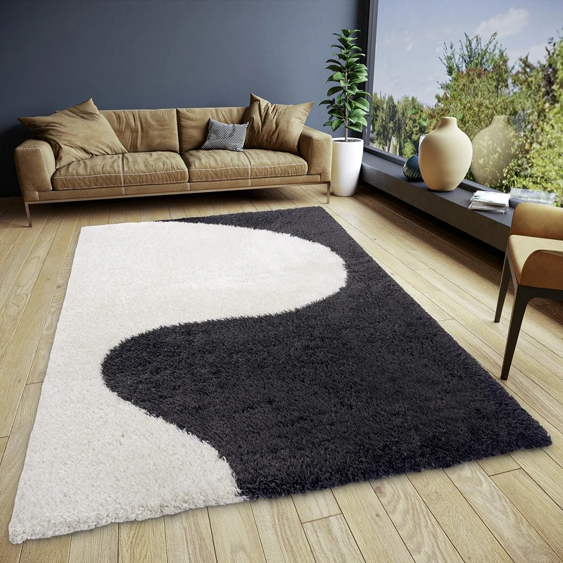 ELLE Decoration Alice Deep-Pile Rug - Living Room Rug Design Long Pile Shaggy Two-Tone Modern Pattern Fluffy Soft for Living Room, Bedroom, Teenagers' Room - Cream Black, 160 x 230 cm
