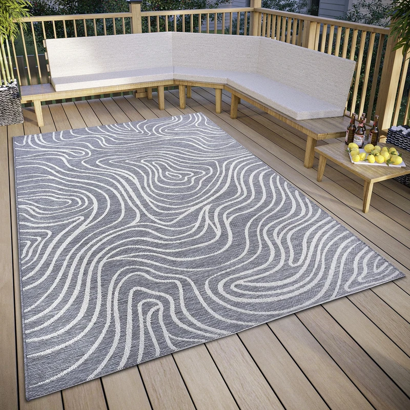 ELLE Decoration Calé Indoor & Outdoor Rug - Design Outdoor Rug Flat Weave Modern Pattern Weatherproof Outdoor Rug for Living Room, Hallway, Balcony, Patio, Garden - Grey Cream, 155 x 230 cm