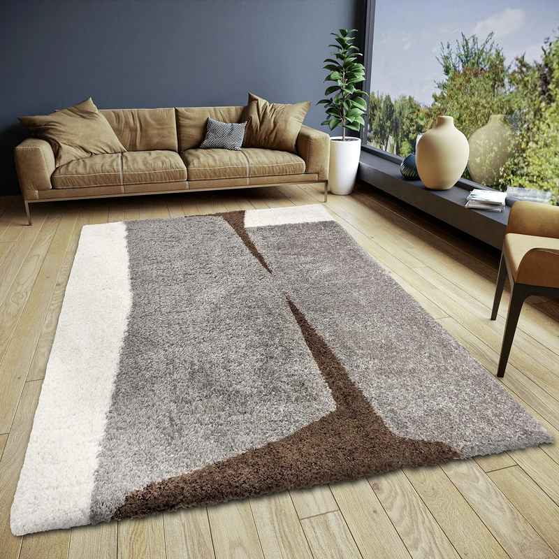 ELLE Decoration Jade High Pile Rug - Living Room Rug Design Long Pile Shaggy Two-Tone Modern Pattern Fluffy Soft for Living Room, Bedroom, Teenager's Room - Cream Brown, 160 x 230 cm