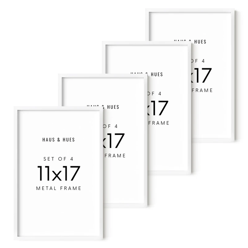 HAUS AND HUES 11x17 White Metal Picture Frames - Features Premium Aluminum, Vertical & Horizontal Hang, Shatterproof Plexiglass - Perfect for Home, Room, Office (11x17 in, White, Set of 4)