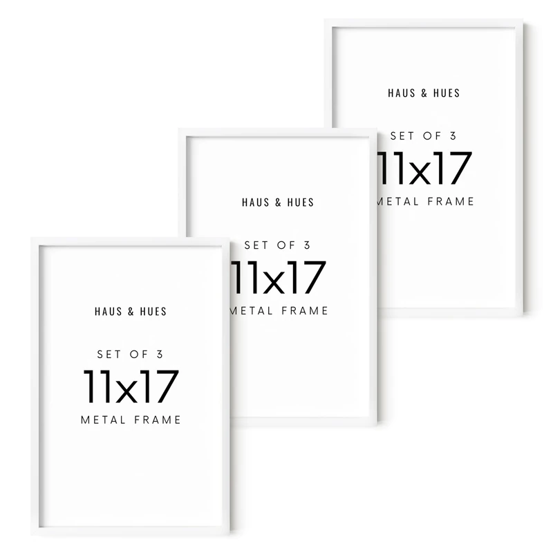 HAUS AND HUES 11x17 White Aluminum Frame Set of 3 - Premium Build, Vertical & Horizontal Hanging, Shatterproof Plexiglass (11x17 in, White)