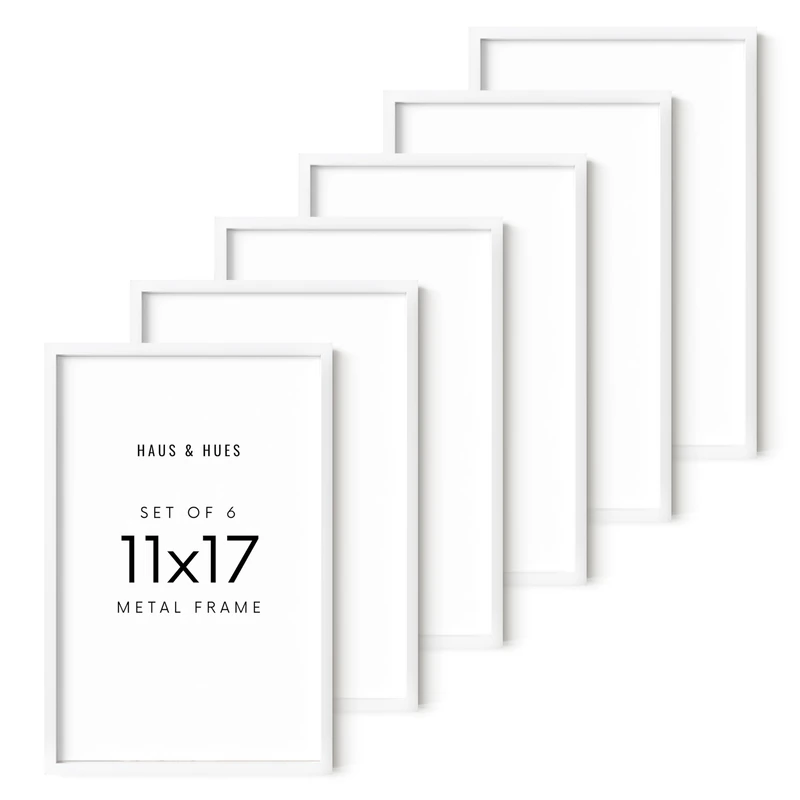 HAUS AND HUES 11x17 White Metal Picture Frames - Features Premium Aluminum, Vertical & Horizontal Hang, Shatterproof Plexiglass - Perfect for Home, Room, Office (11x17 in, White, Set of 6)