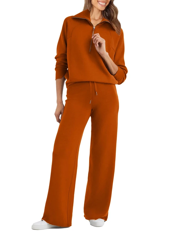 Glamaker Womens 2 Piece Outfits Sweatsuit Set Oversized Half Zip Sweatshirt Wide Leg Sweatpants Lounge Set Tracksuit, Orange, XL