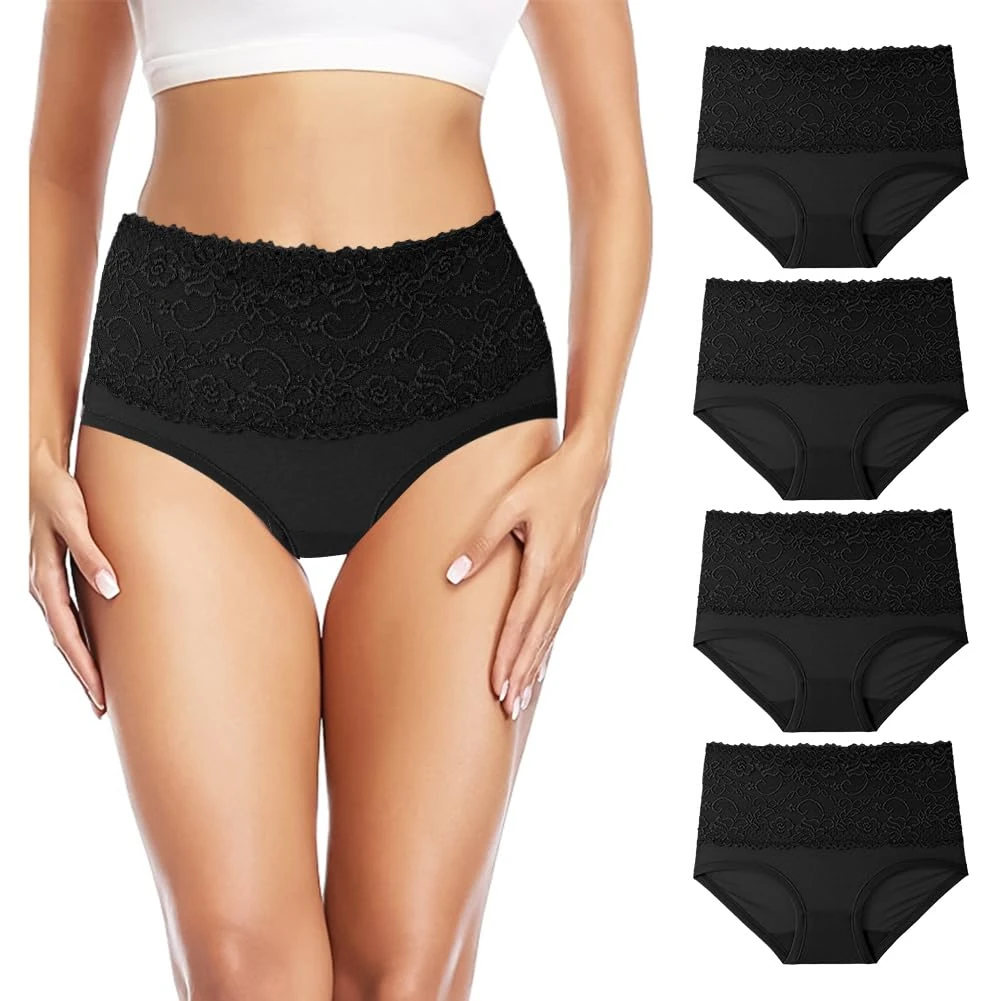 Aomig Ladies High Waist Knickers, 4Pcs Full Back Coverage Panties Multipack, Comfort Fit Underwear with Lace, Women Full Briefs Stretchy Soft Panties Tummy Control Pants