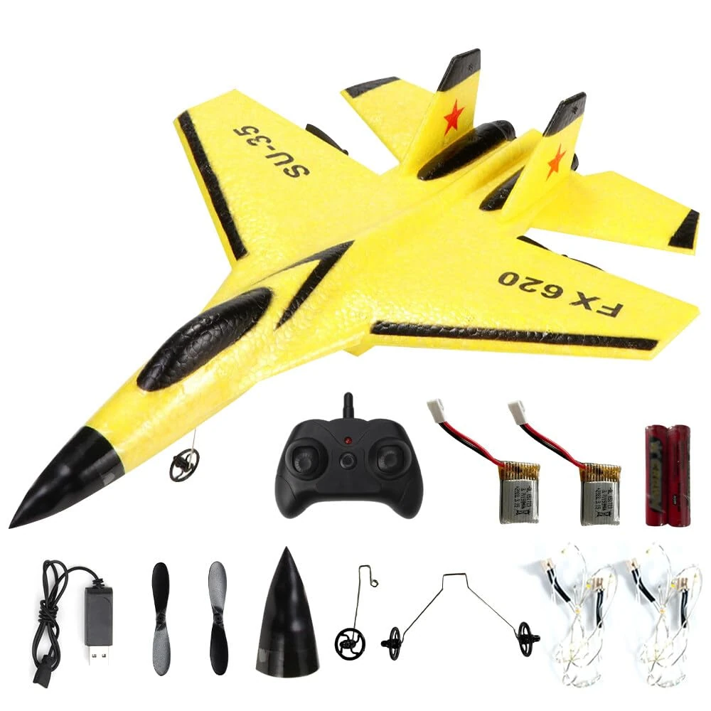 Gobesty Remote Control Airplane, SU-35 RC Plane Ready to Fly, 2.4G Radio Control With LED Light Strip, Assembly-Free for Kids and Adults (Yellow)