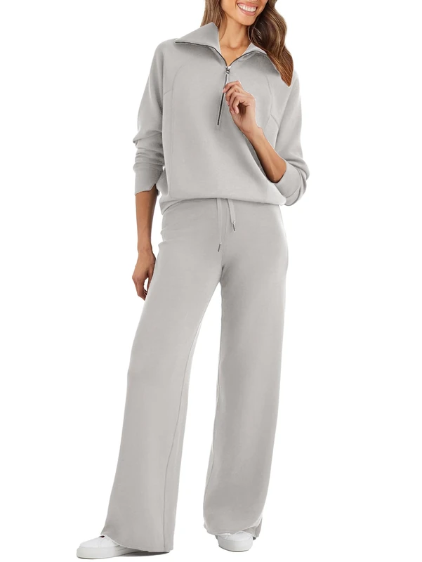Glamaker Womens 2 Piece Outfits Sweatsuit Set Oversized Half Zip Sweatshirt Wide Leg Sweatpants Lounge Set Tracksuit, Grey, Small