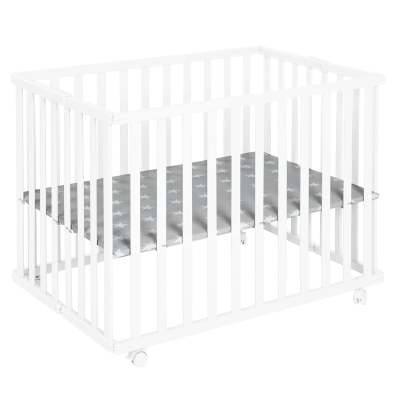 roba Foldable Wooden Playpen, White, 74×100 cm with 'Little Stars' Liner – Space-Saving Baby Play Yard with Wheels